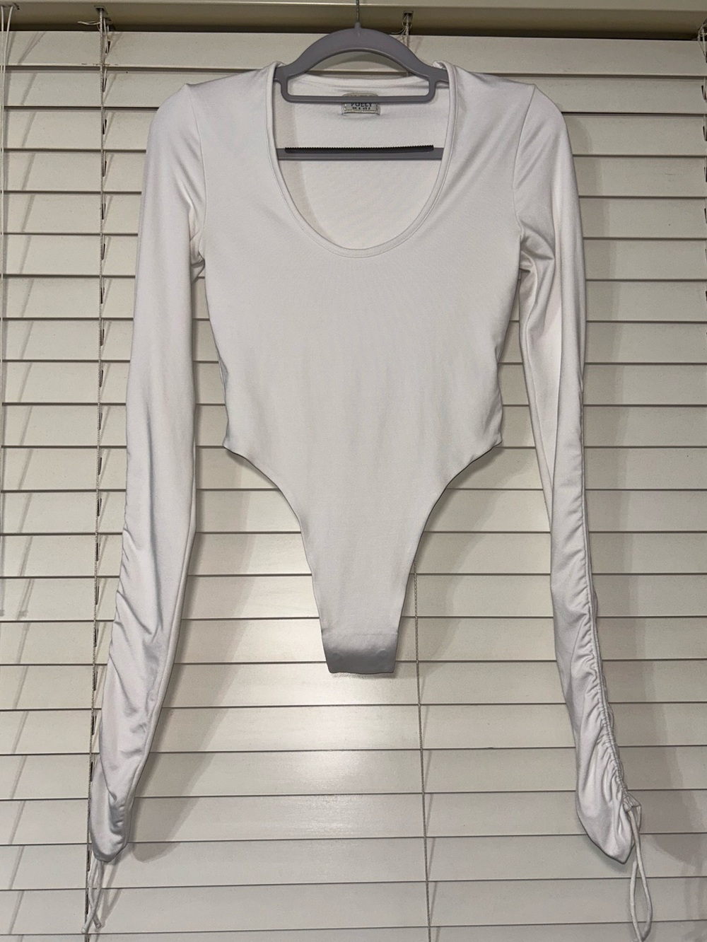 Oh Polly White Long Ruche Sleeve Scoop Neckline